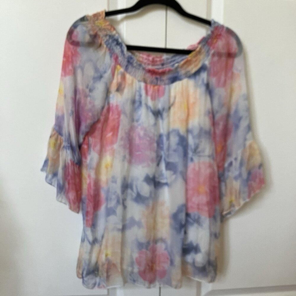 Angela Moda Silk Blouse Womens L Floral Off Shoulder Boho‎ Made in Italy